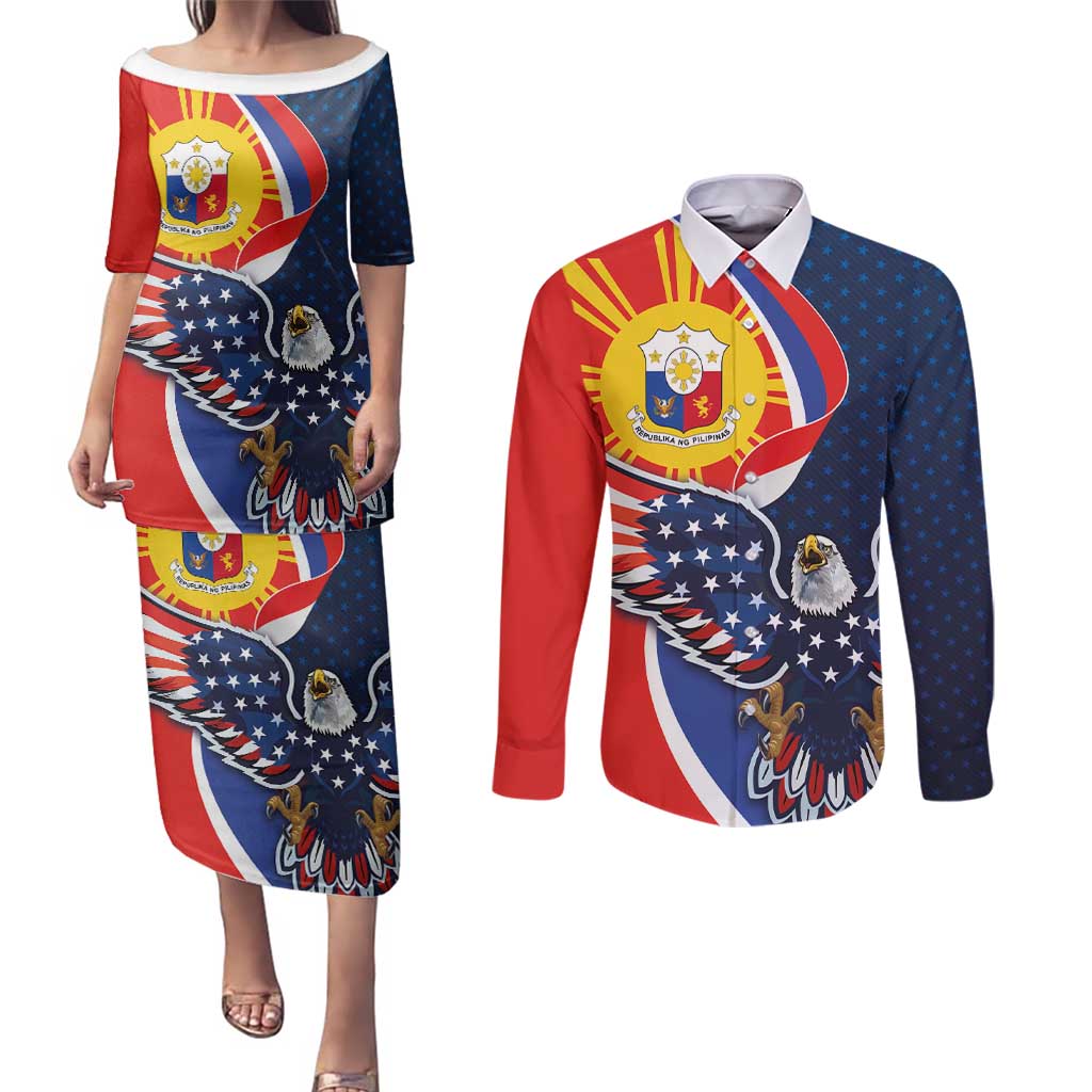 Filipino American History Month Couples Matching Puletasi and Long Sleeve Button Shirt USA Eagle and Philippines Sun Symbol with National Flag - Wonder Print Shop