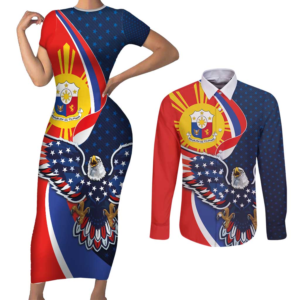 Filipino American History Month Couples Matching Short Sleeve Bodycon Dress and Long Sleeve Button Shirt USA Eagle and Philippines Sun Symbol with National Flag - Wonder Print Shop