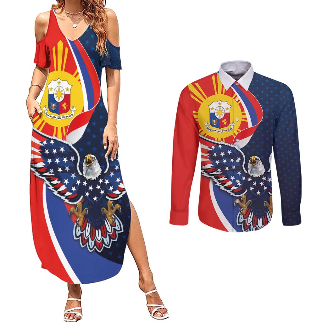 Filipino American History Month Couples Matching Summer Maxi Dress and Long Sleeve Button Shirt USA Eagle and Philippines Sun Symbol with National Flag - Wonder Print Shop