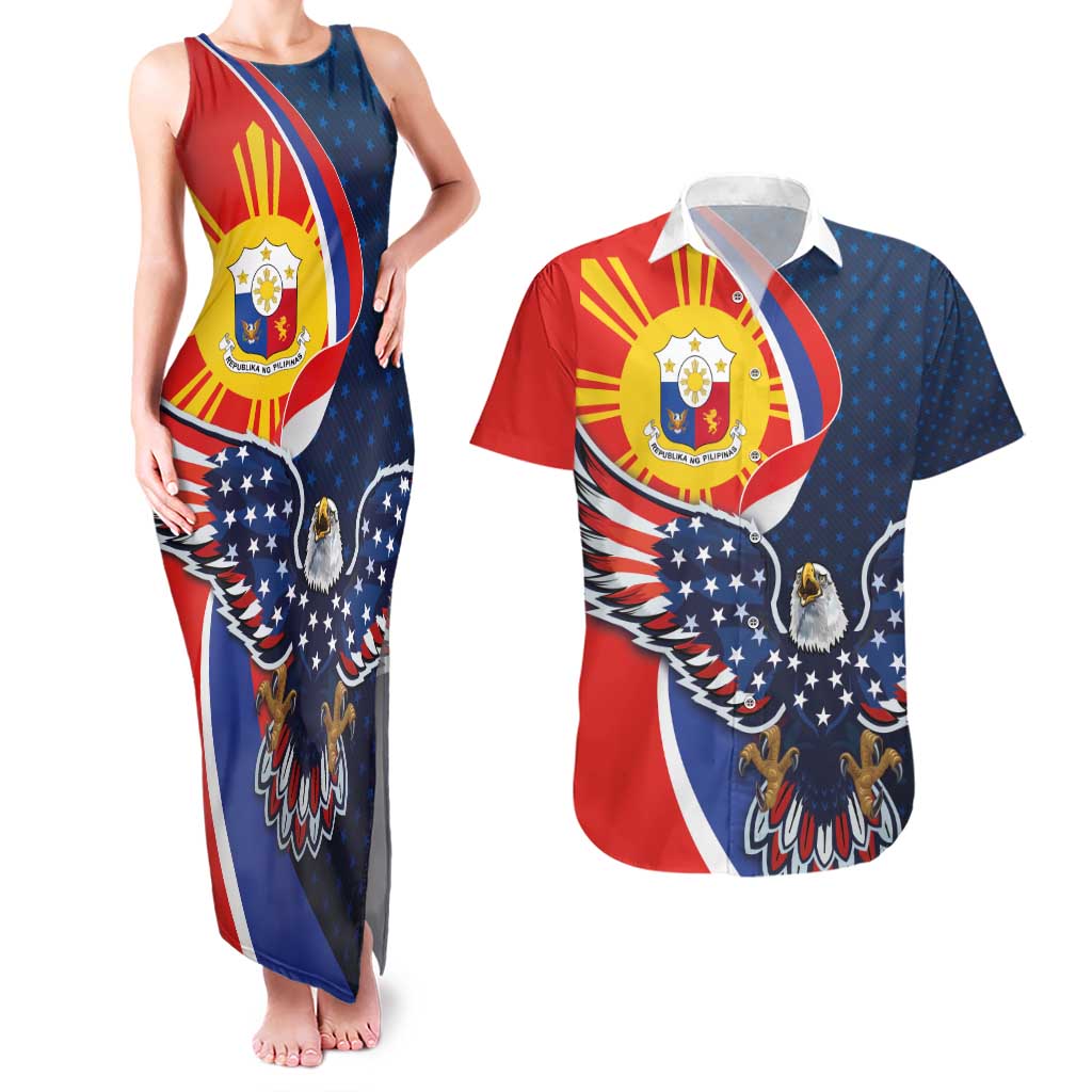 Filipino American History Month Couples Matching Tank Maxi Dress and Hawaiian Shirt USA Eagle and Philippines Sun Symbol with National Flag - Wonder Print Shop