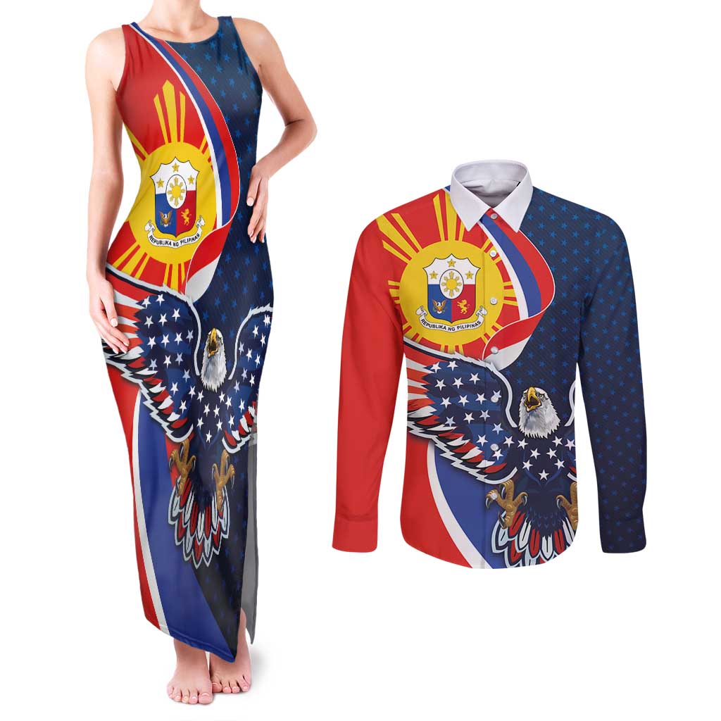 Filipino American History Month Couples Matching Tank Maxi Dress and Long Sleeve Button Shirt USA Eagle and Philippines Sun Symbol with National Flag - Wonder Print Shop