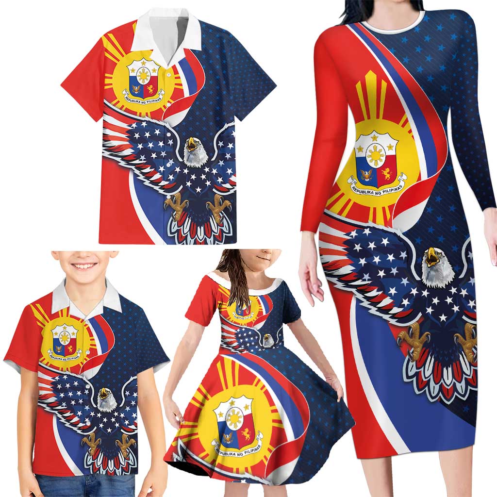 Filipino American History Month Family Matching Long Sleeve Bodycon Dress and Hawaiian Shirt USA Eagle and Philippines Sun Symbol with National Flag - Wonder Print Shop