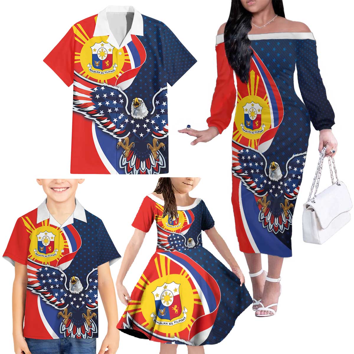 Filipino American History Month Family Matching Off The Shoulder Long Sleeve Dress and Hawaiian Shirt USA Eagle and Philippines Sun Symbol with National Flag - Wonder Print Shop