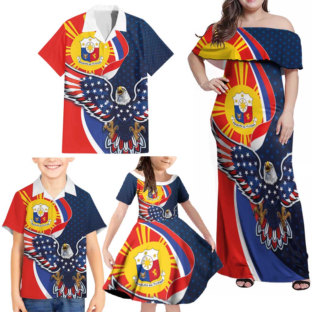 Filipino American History Month Family Matching Off Shoulder Maxi Dress and Hawaiian Shirt USA Eagle and Philippines Sun Symbol with National Flag - Wonder Print Shop