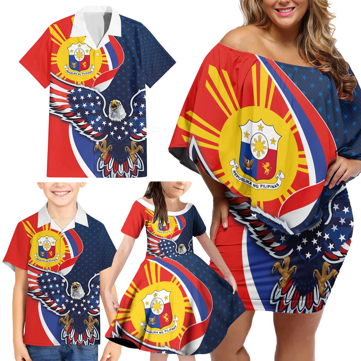 Filipino American History Month Family Matching Off Shoulder Short Dress and Hawaiian Shirt USA Eagle and Philippines Sun Symbol with National Flag - Wonder Print Shop