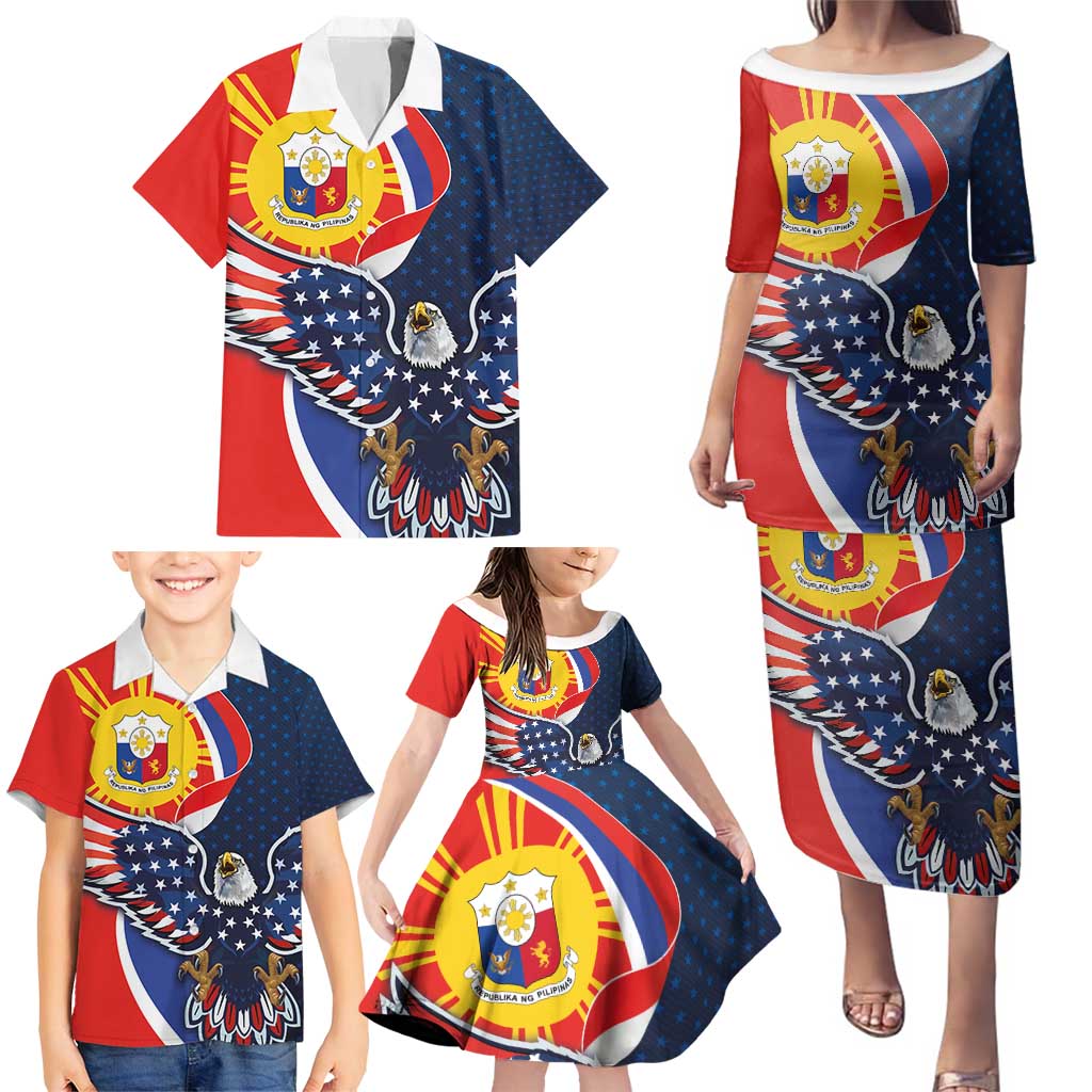 Filipino American History Month Family Matching Puletasi and Hawaiian Shirt USA Eagle and Philippines Sun Symbol with National Flag - Wonder Print Shop