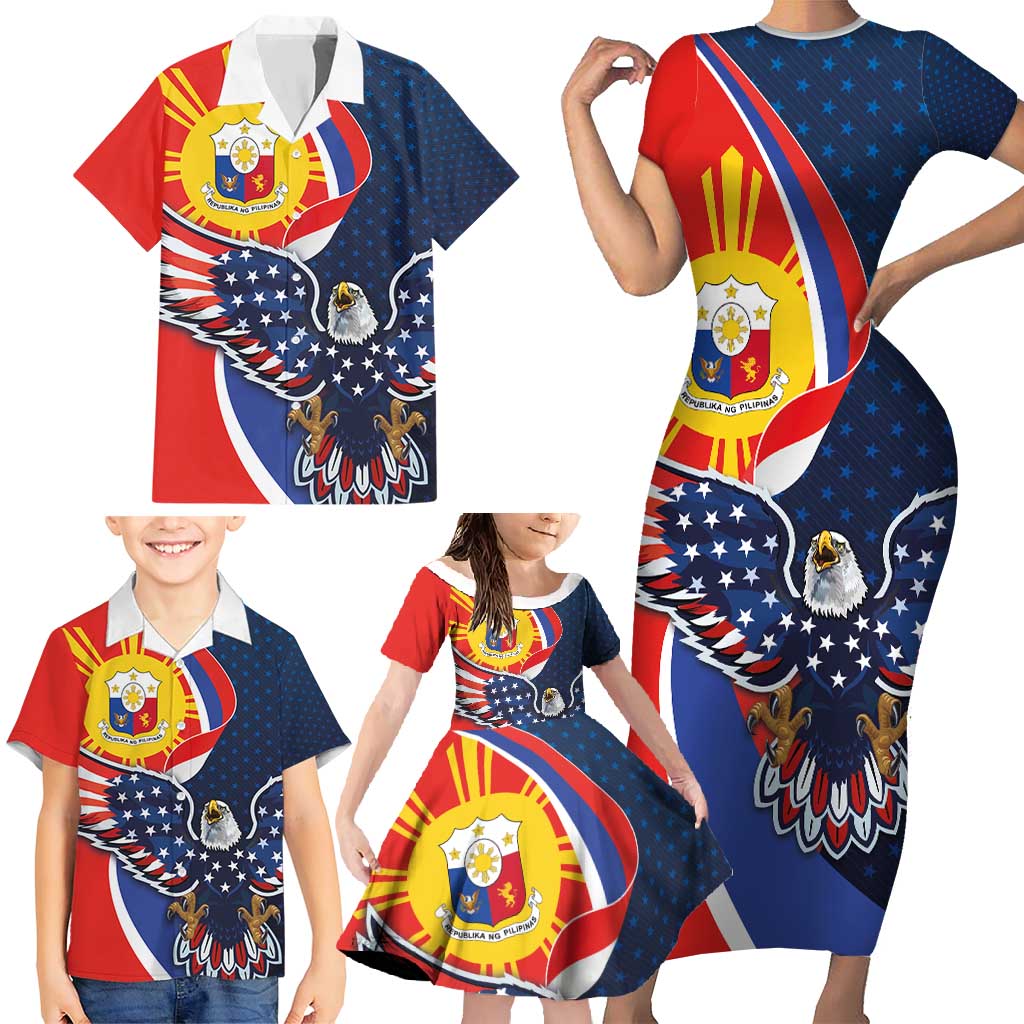 Filipino American History Month Family Matching Short Sleeve Bodycon Dress and Hawaiian Shirt USA Eagle and Philippines Sun Symbol with National Flag - Wonder Print Shop