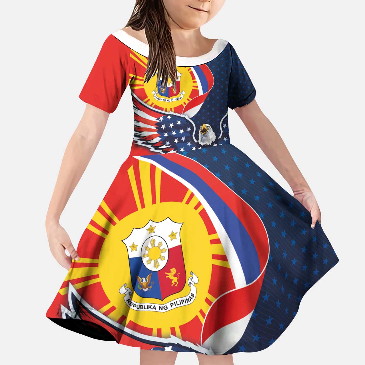 Filipino American History Month Kid Short Sleeve Dress USA Eagle and Philippines Sun Symbol with National Flag - Wonder Print Shop