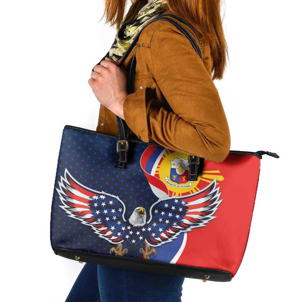 Filipino American History Month Leather Tote Bag USA Eagle and Philippines Sun Symbol with National Flag - Wonder Print Shop