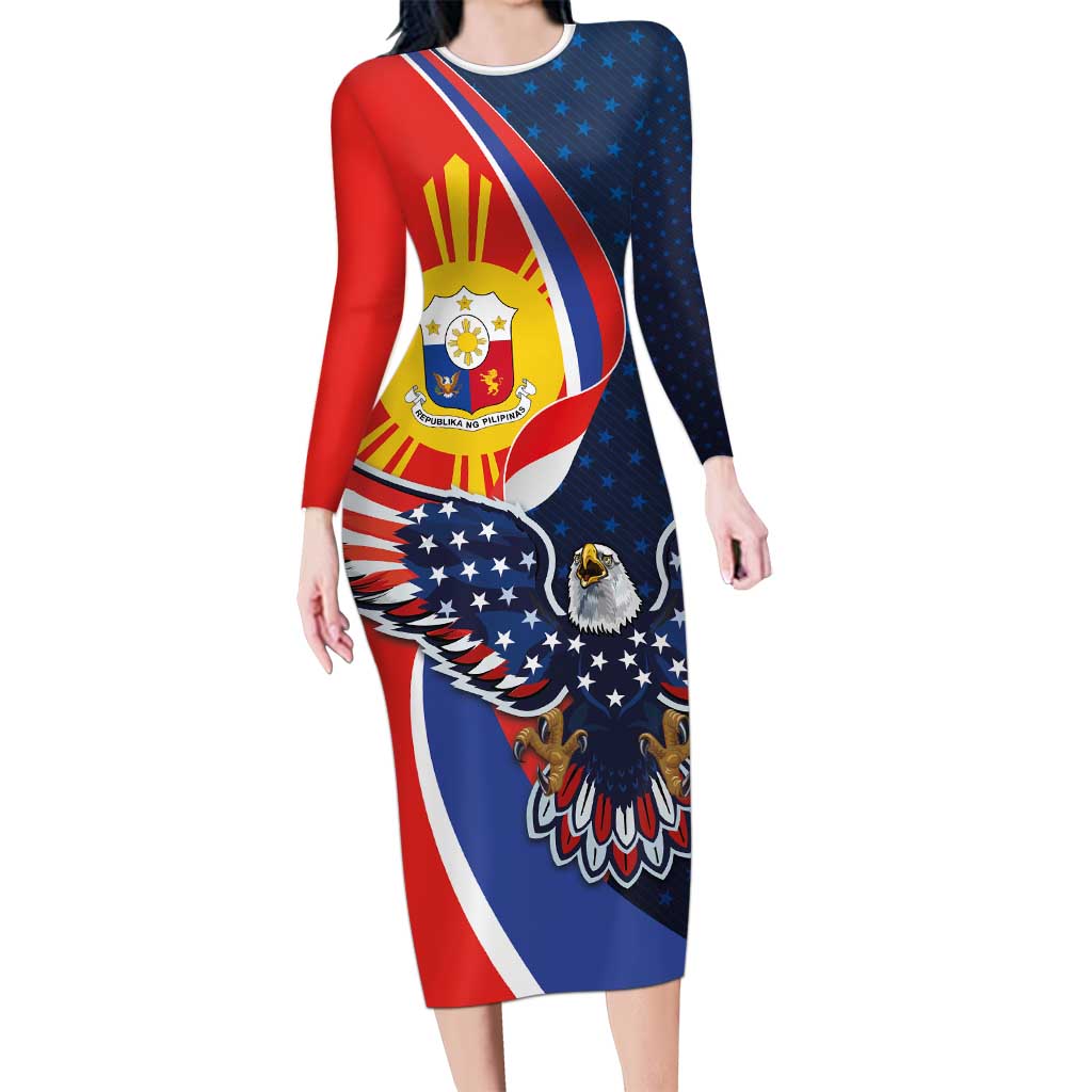 Filipino American History Month Long Sleeve Bodycon Dress USA Eagle and Philippines Sun Symbol with National Flag - Wonder Print Shop