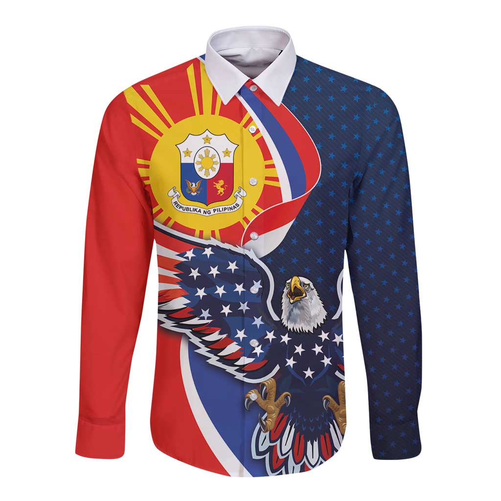 Filipino American History Month Long Sleeve Button Shirt USA Eagle and Philippines Sun Symbol with National Flag - Wonder Print Shop