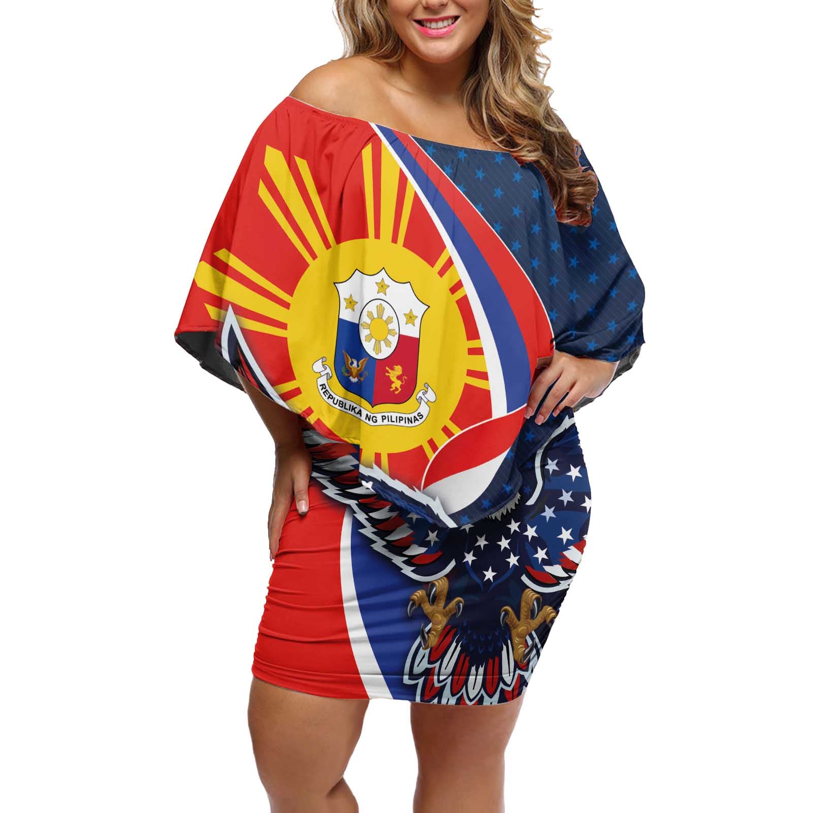 Filipino American History Month Off Shoulder Short Dress USA Eagle and Philippines Sun Symbol with National Flag - Wonder Print Shop