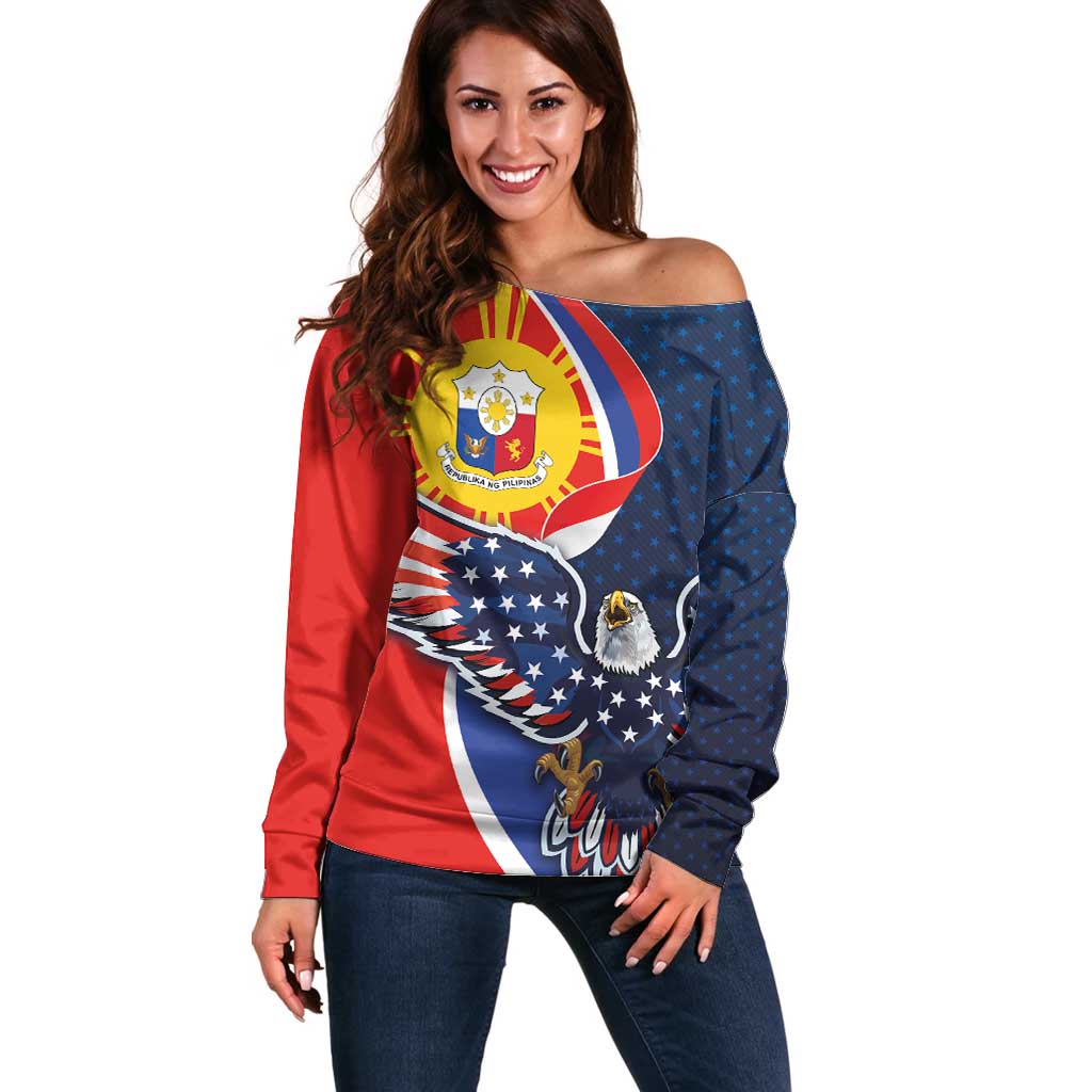 Filipino American History Month Off Shoulder Sweater USA Eagle and Philippines Sun Symbol with National Flag - Wonder Print Shop