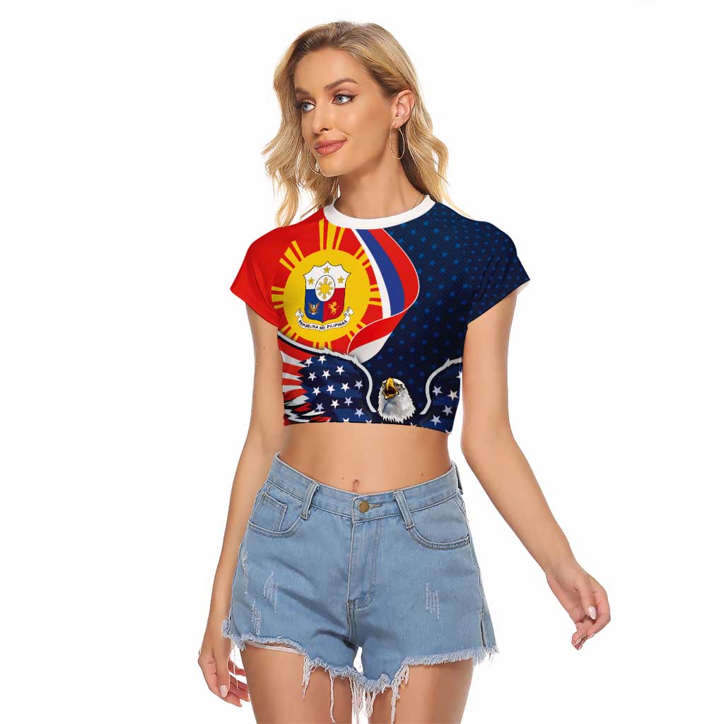 Filipino American History Month Raglan Cropped T Shirt USA Eagle and Philippines Sun Symbol with National Flag