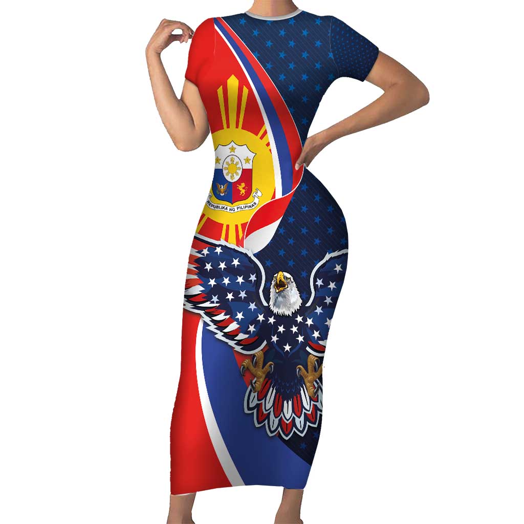 Filipino American History Month Short Sleeve Bodycon Dress USA Eagle and Philippines Sun Symbol with National Flag