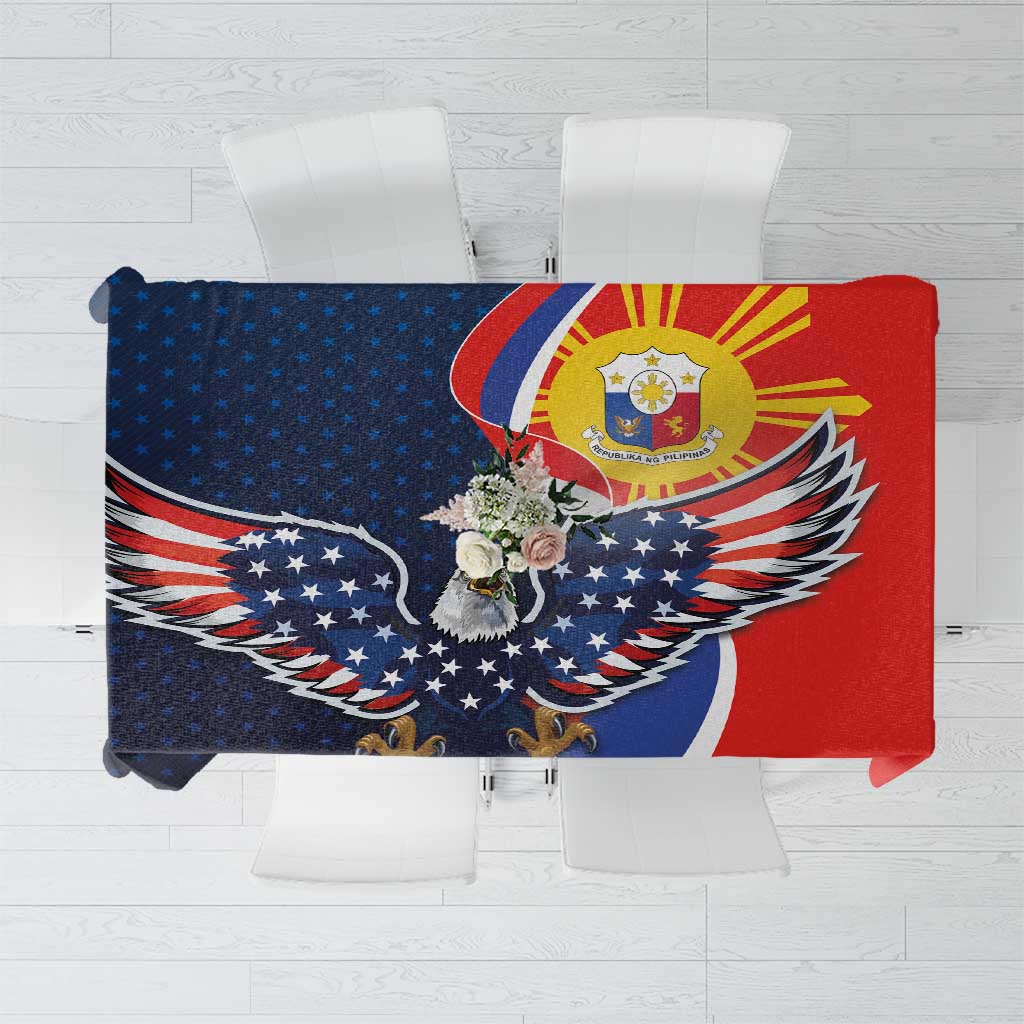 Rectangular patriotic tablecloth flat lay with blue stars, eagle wings, and red side.