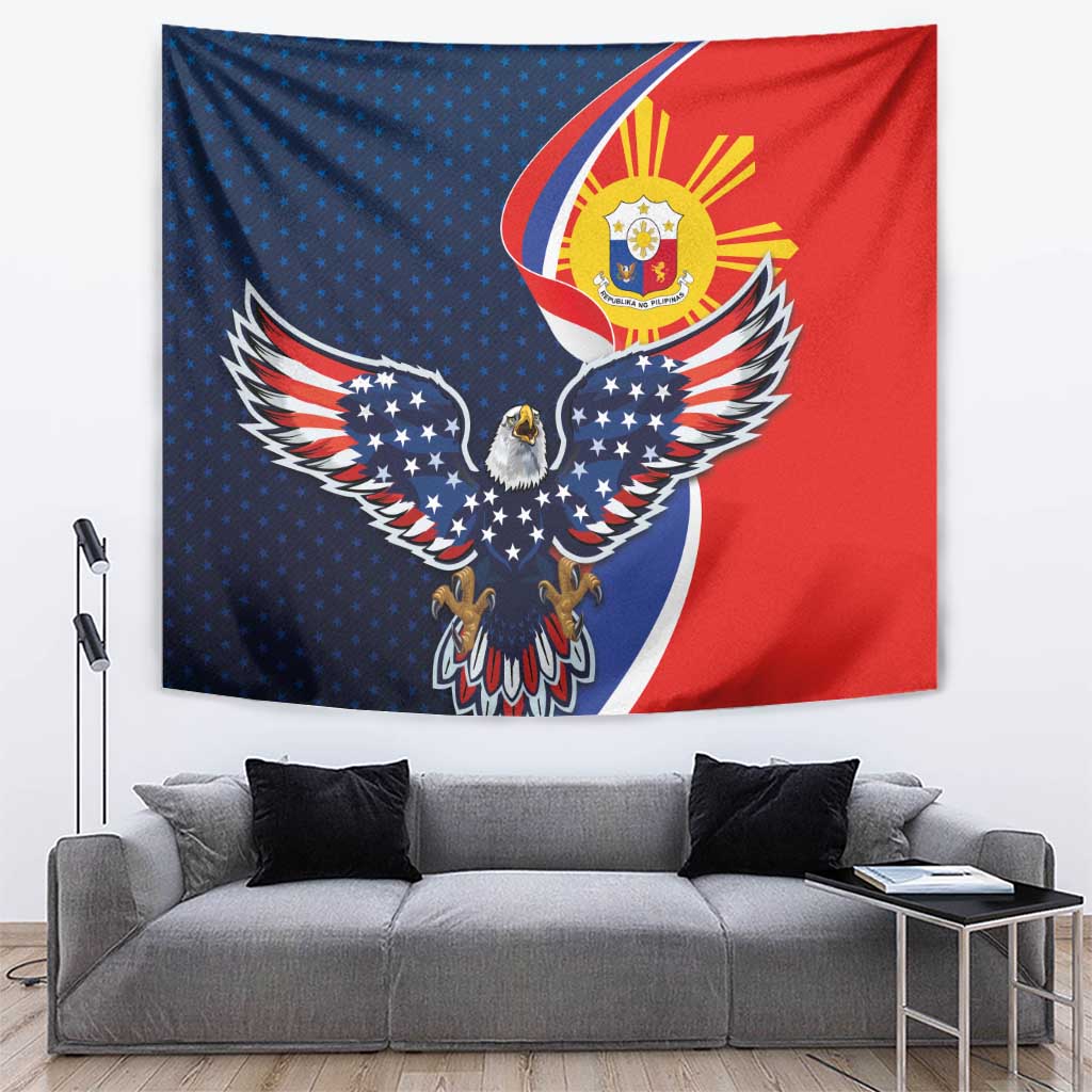 Eagle-and-sun USA and Philippines tapestry hanging above gray sofa