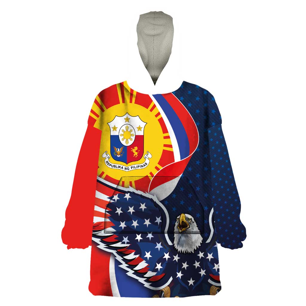 Filipino American History Month Wearable Blanket Hoodie USA Eagle and Philippines Sun Symbol with National Flag