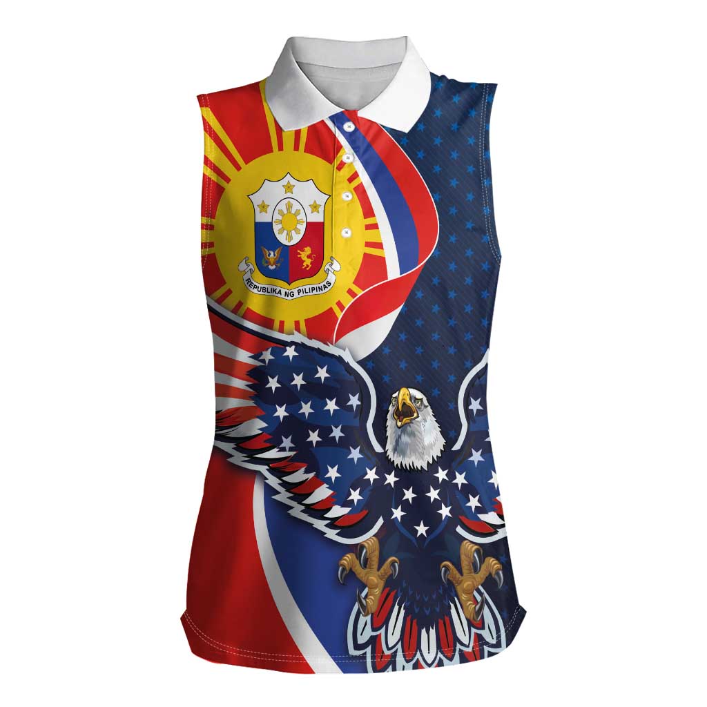 Filipino American History Month Women Sleeveless Polo Shirt USA Eagle and Philippines Sun Symbol with National Flag