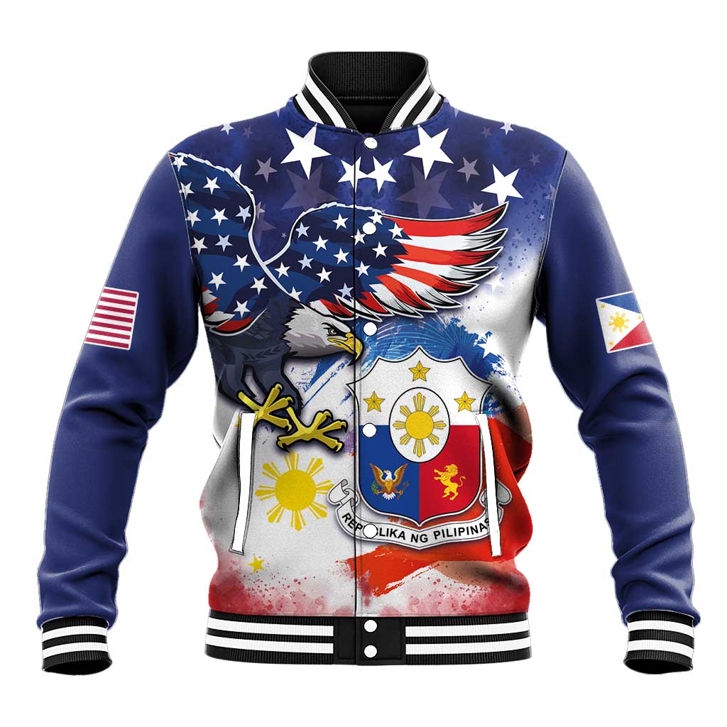 Filipino American History Month Baseball Jacket USA Eagle and Philippines Coat of Arms Symbol with National Flag - Wonder Print Shop