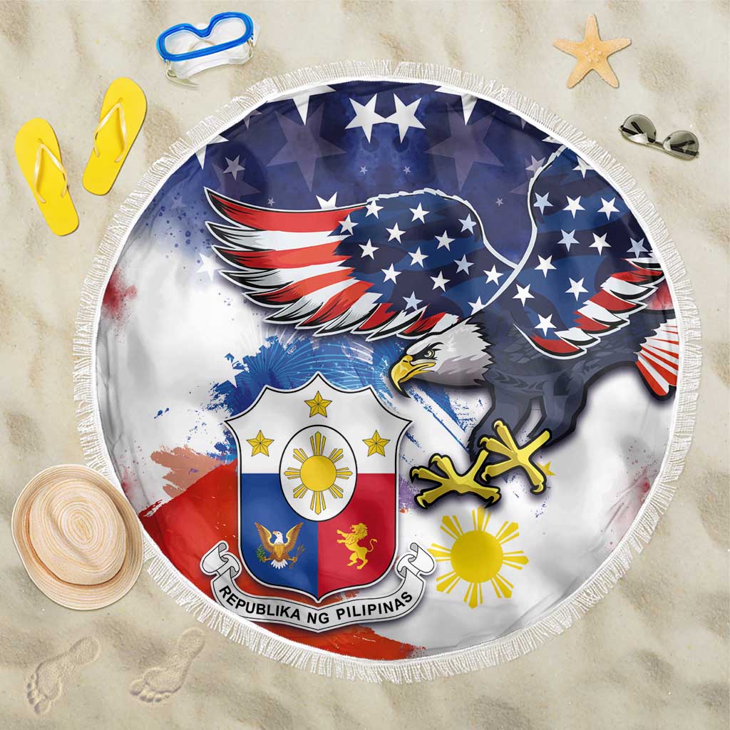 Round fringed beach blanket showing U.S. eagle, Philippine shield, and crossed symbols