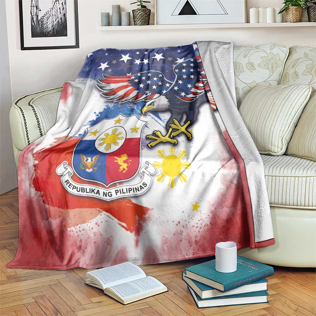 Patriotic throw blanket with eagle, stars, Philippines coat of arms, and flag print