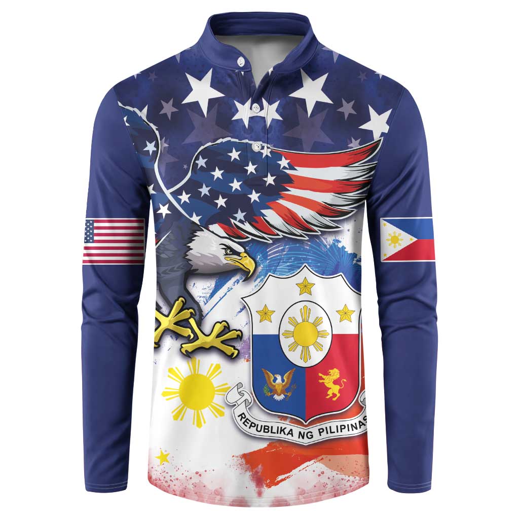 Blue button-up sweatshirt with USA and Philippines eagle crest graphic on front