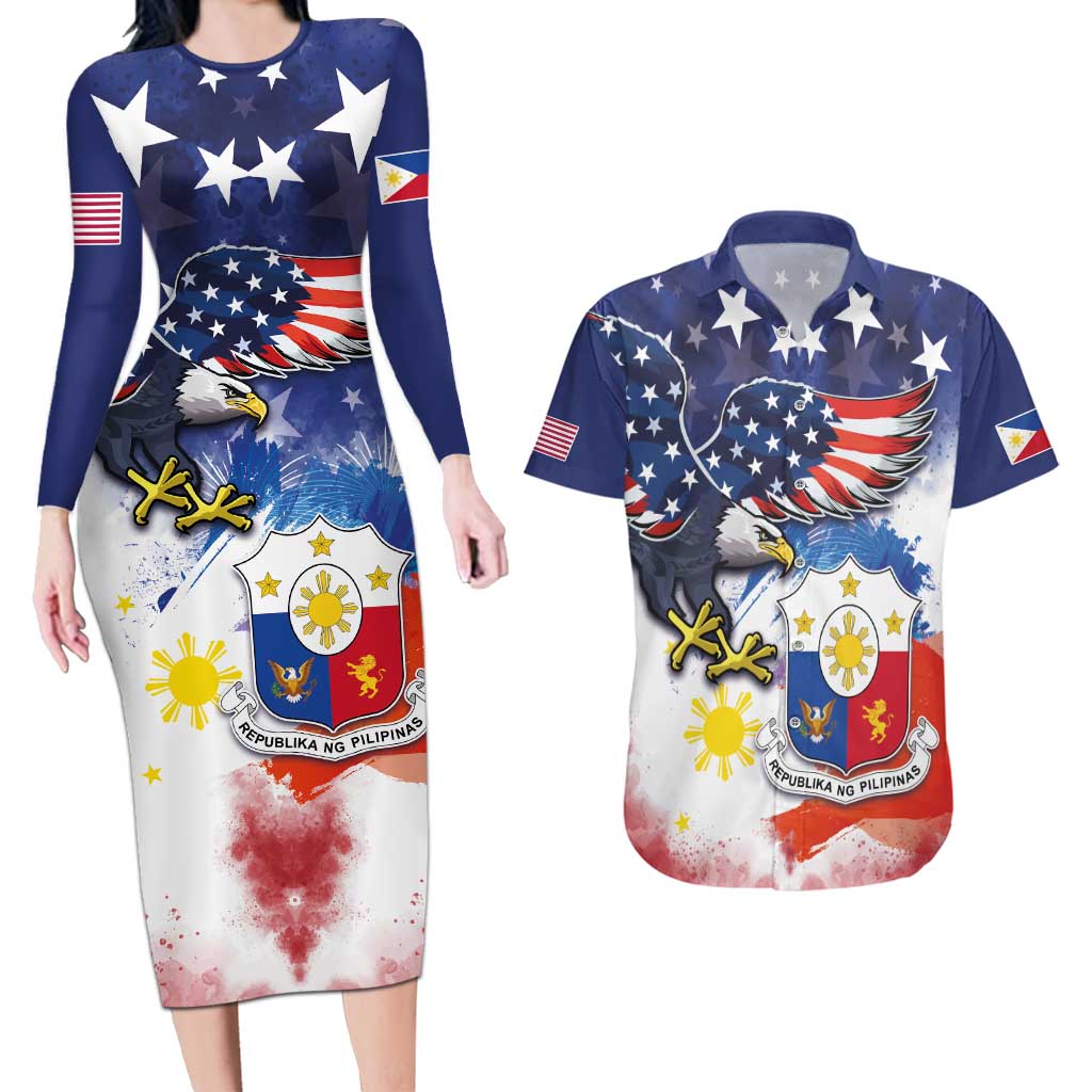 Filipino American History Month Couples Matching Long Sleeve Bodycon Dress and Hawaiian Shirt USA Eagle and Philippines Coat of Arms Symbol with National Flag - Wonder Print Shop