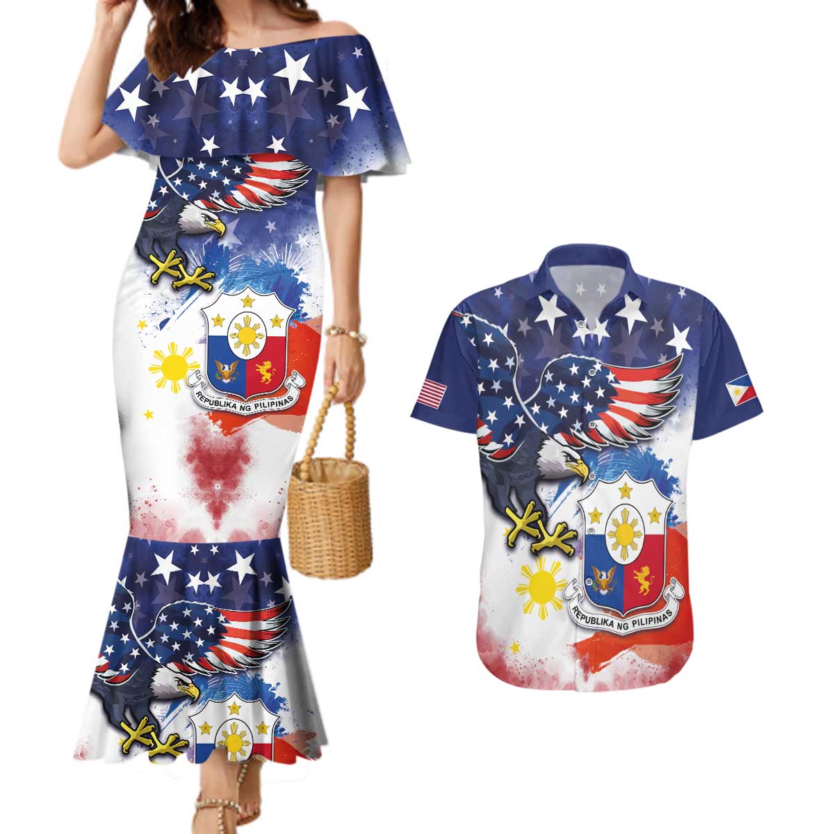 Filipino American History Month Couples Matching Mermaid Dress and Hawaiian Shirt USA Eagle and Philippines Coat of Arms Symbol with National Flag - Wonder Print Shop