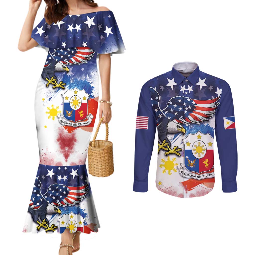 Filipino American History Month Couples Matching Mermaid Dress and Long Sleeve Button Shirt USA Eagle and Philippines Coat of Arms Symbol with National Flag