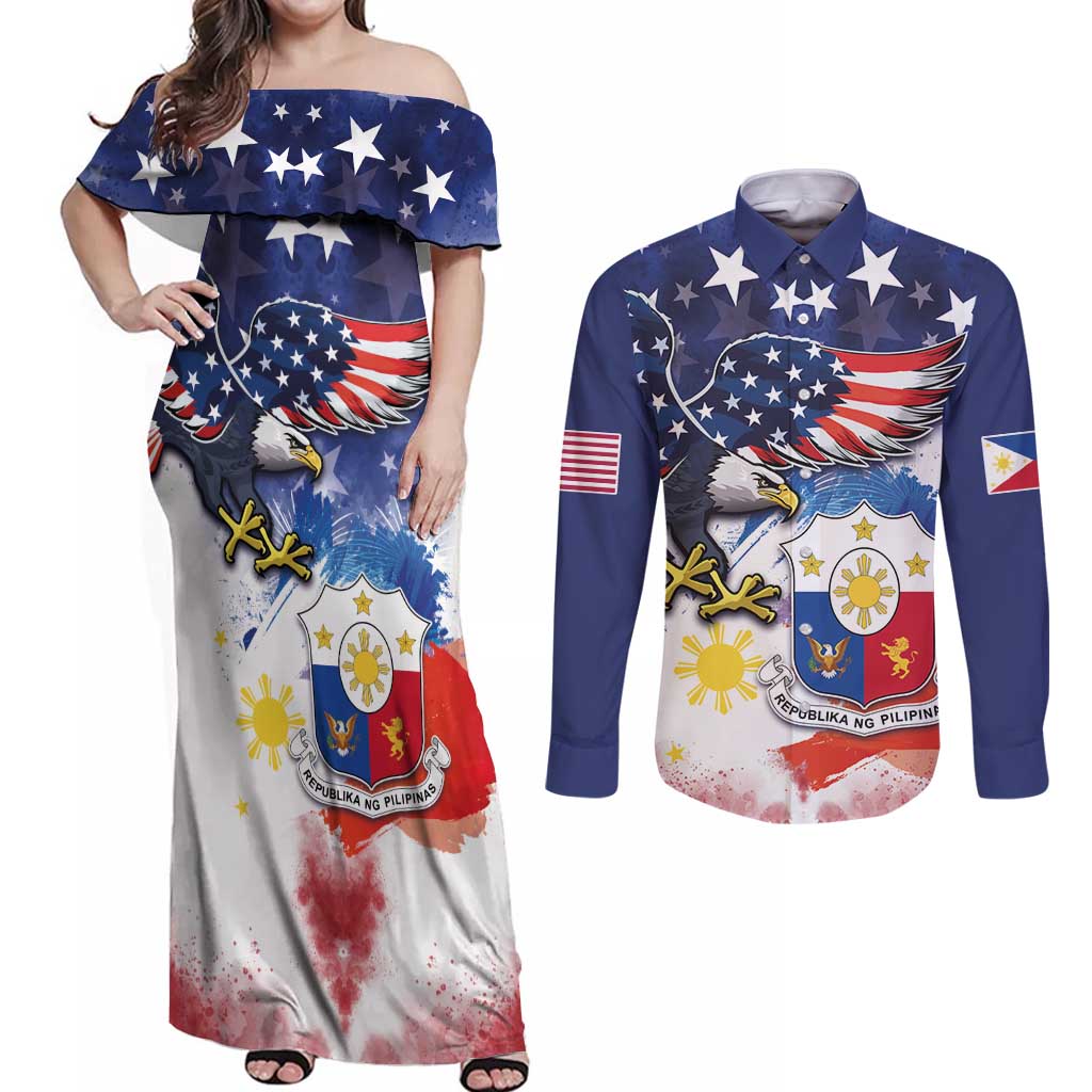 Filipino American History Month Couples Matching Off Shoulder Maxi Dress and Long Sleeve Button Shirt USA Eagle and Philippines Coat of Arms Symbol with National Flag - Wonder Print Shop