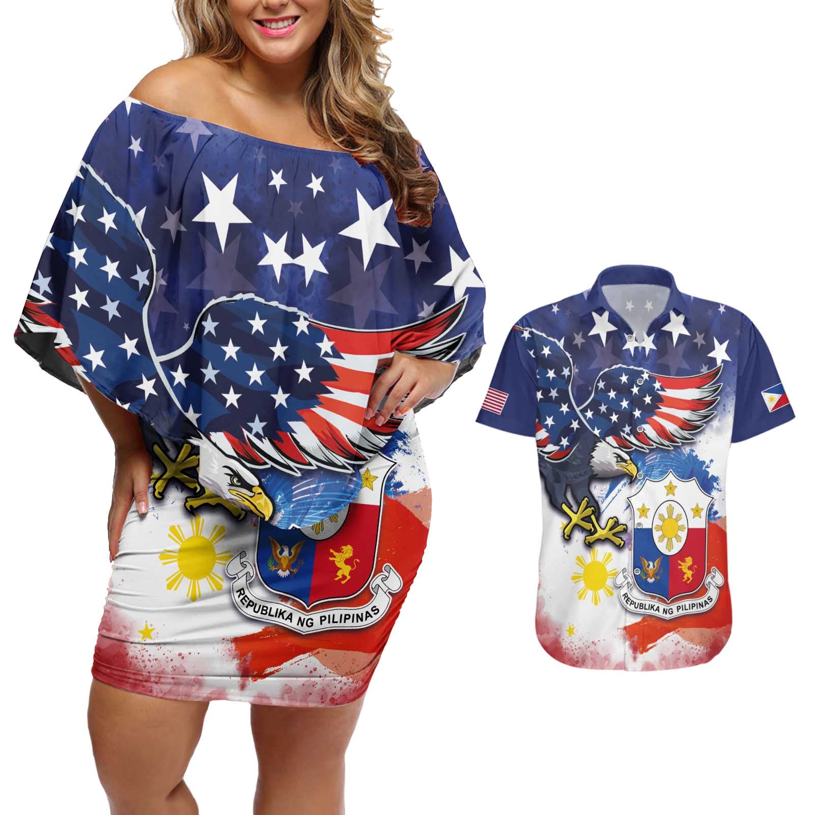 Filipino American History Month Couples Matching Off Shoulder Short Dress and Hawaiian Shirt USA Eagle and Philippines Coat of Arms Symbol with National Flag - Wonder Print Shop