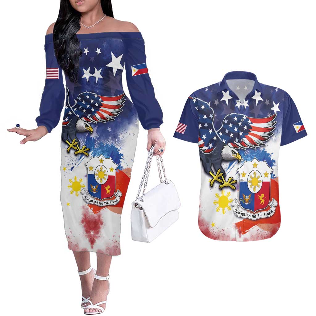 Filipino American History Month Couples Matching Off The Shoulder Long Sleeve Dress and Hawaiian Shirt USA Eagle and Philippines Coat of Arms Symbol with National Flag - Wonder Print Shop