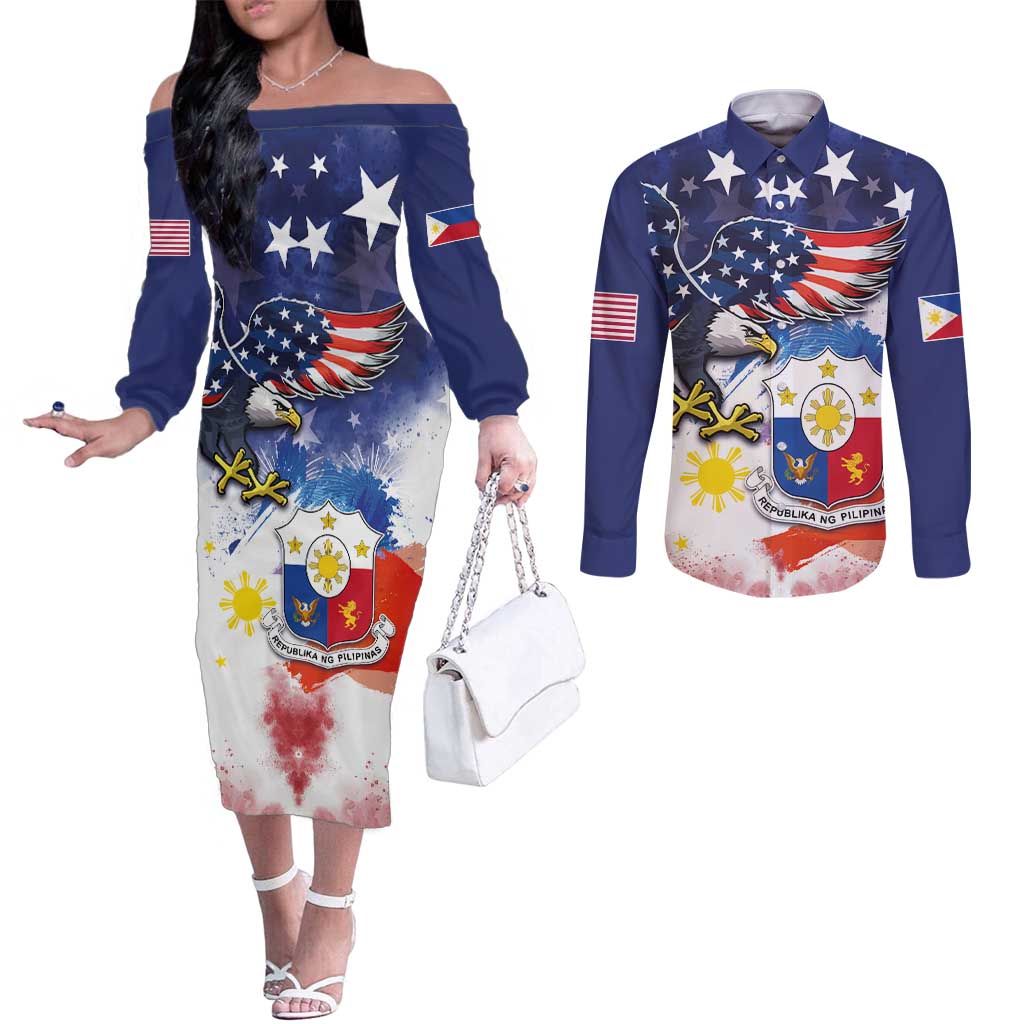 Filipino American History Month Couples Matching Off The Shoulder Long Sleeve Dress and Long Sleeve Button Shirt USA Eagle and Philippines Coat of Arms Symbol with National Flag