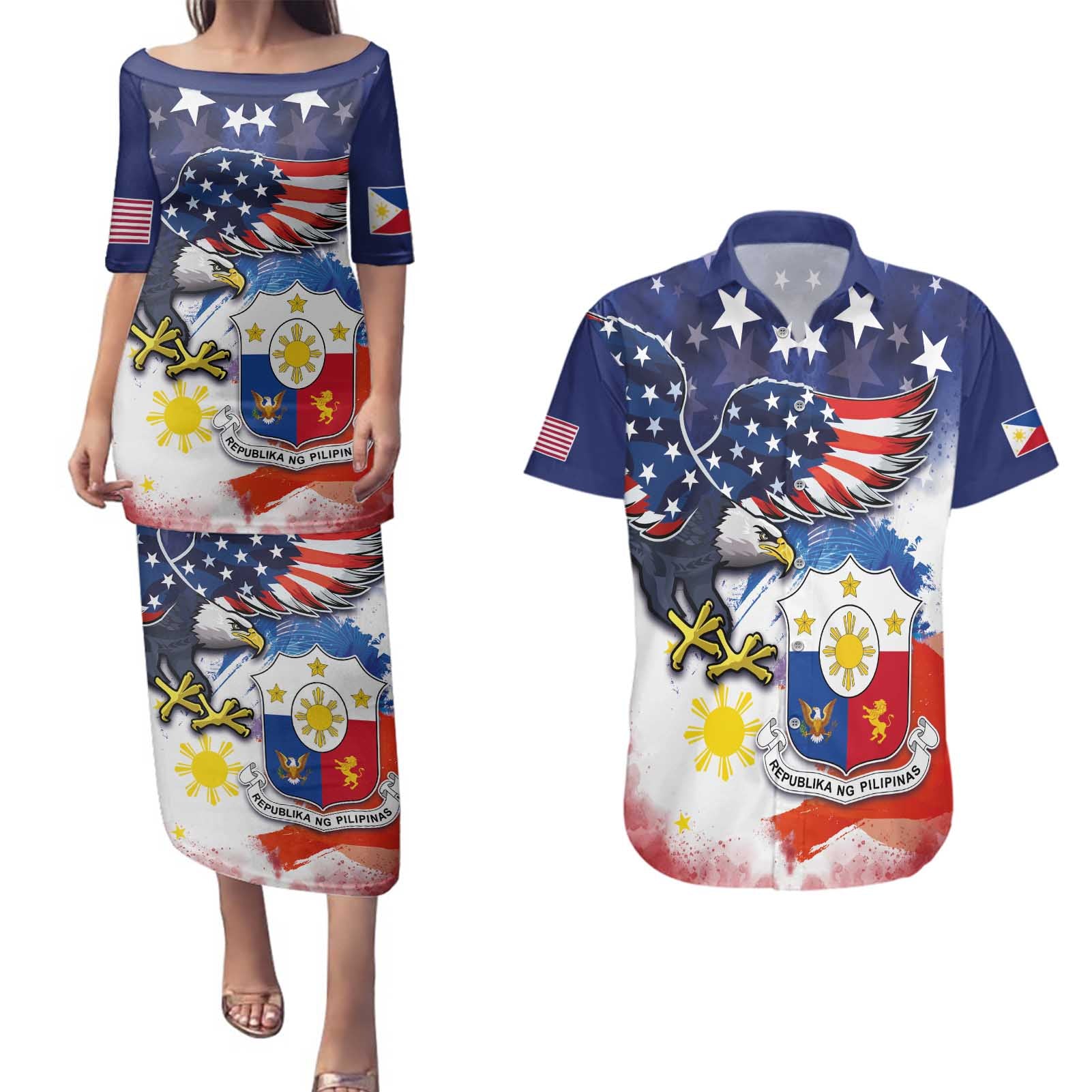 Filipino American History Month Couples Matching Puletasi and Hawaiian Shirt USA Eagle and Philippines Coat of Arms Symbol with National Flag - Wonder Print Shop