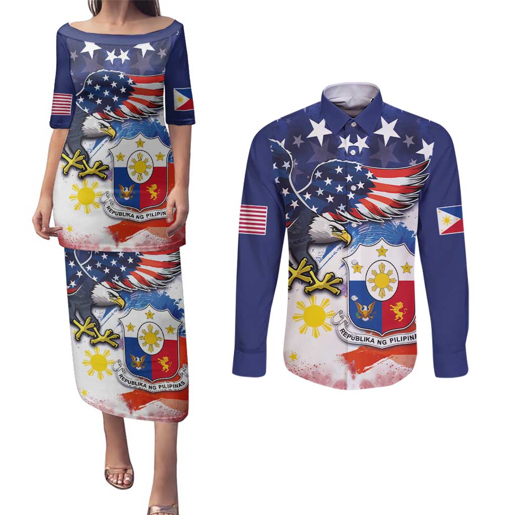 Filipino American History Month Couples Matching Puletasi and Long Sleeve Button Shirt USA Eagle and Philippines Coat of Arms Symbol with National Flag - Wonder Print Shop