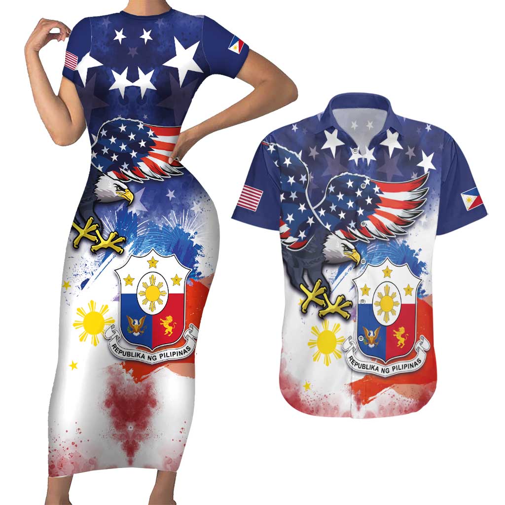 Filipino American History Month Couples Matching Short Sleeve Bodycon Dress and Hawaiian Shirt USA Eagle and Philippines Coat of Arms Symbol with National Flag - Wonder Print Shop