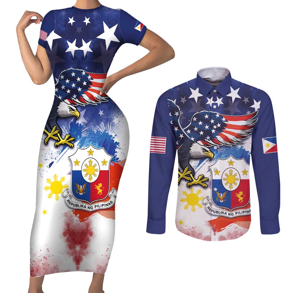 Filipino American History Month Couples Matching Short Sleeve Bodycon Dress and Long Sleeve Button Shirt USA Eagle and Philippines Coat of Arms Symbol with National Flag - Wonder Print Shop