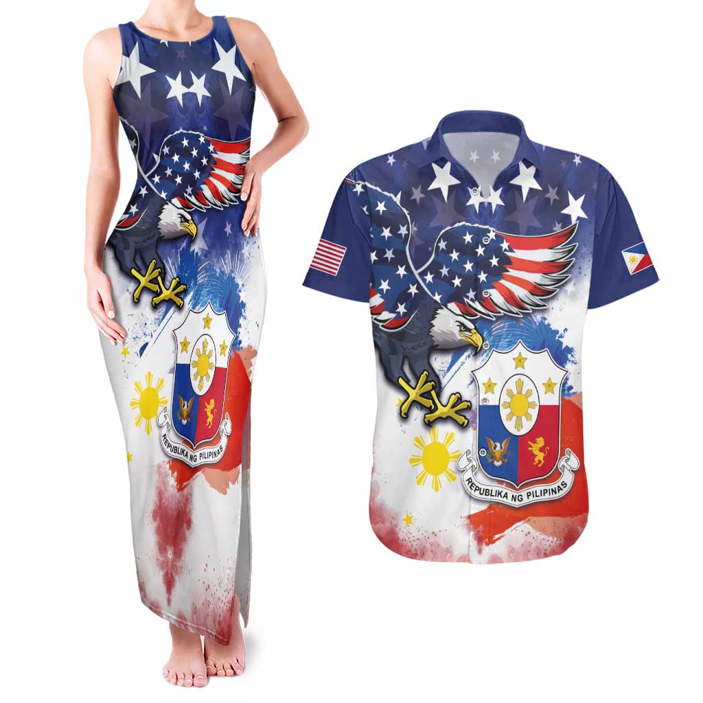 Filipino American History Month Couples Matching Tank Maxi Dress and Hawaiian Shirt USA Eagle and Philippines Coat of Arms Symbol with National Flag - Wonder Print Shop