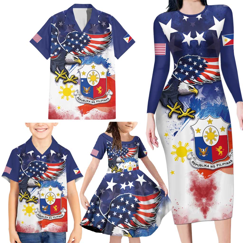 Filipino American History Month Family Matching Long Sleeve Bodycon Dress and Hawaiian Shirt USA Eagle and Philippines Coat of Arms Symbol with National Flag - Wonder Print Shop