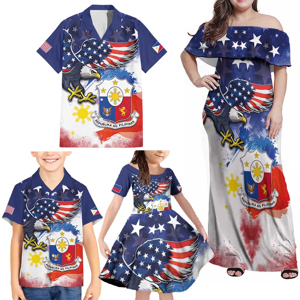 Filipino American History Month Family Matching Off Shoulder Maxi Dress and Hawaiian Shirt USA Eagle and Philippines Coat of Arms Symbol with National Flag - Wonder Print Shop