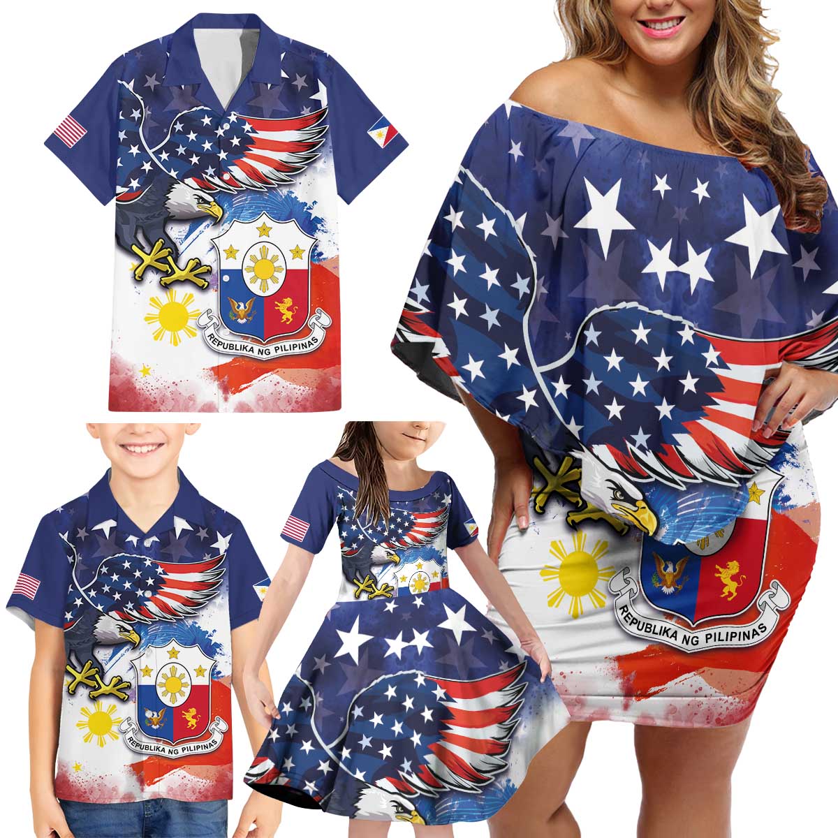 Filipino American History Month Family Matching Off Shoulder Short Dress and Hawaiian Shirt USA Eagle and Philippines Coat of Arms Symbol with National Flag - Wonder Print Shop