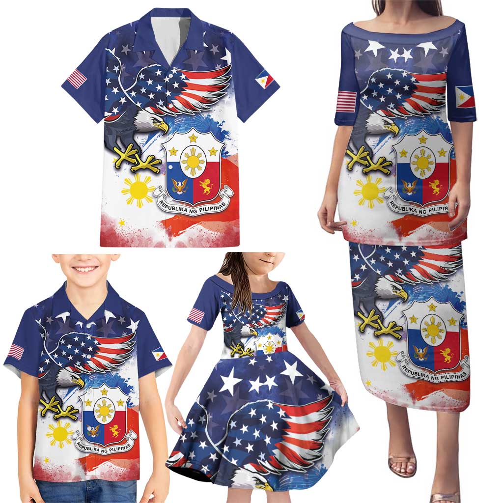 Filipino American History Month Family Matching Puletasi and Hawaiian Shirt USA Eagle and Philippines Coat of Arms Symbol with National Flag - Wonder Print Shop