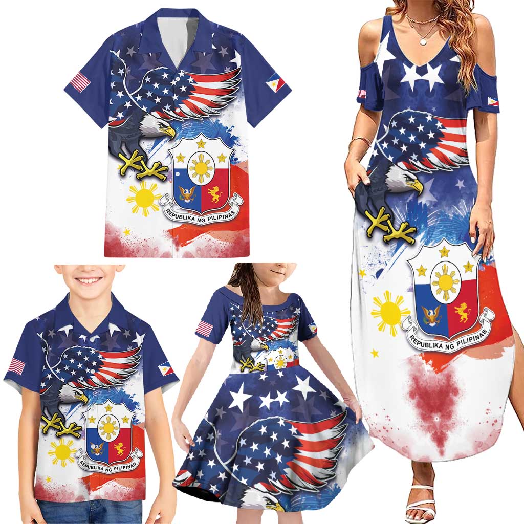 Filipino American History Month Family Matching Summer Maxi Dress and Hawaiian Shirt USA Eagle and Philippines Coat of Arms Symbol with National Flag - Wonder Print Shop