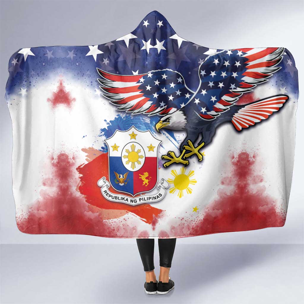 Filipino American History Month Hooded Blanket USA Eagle and Philippines Coat of Arms Symbol with National Flag