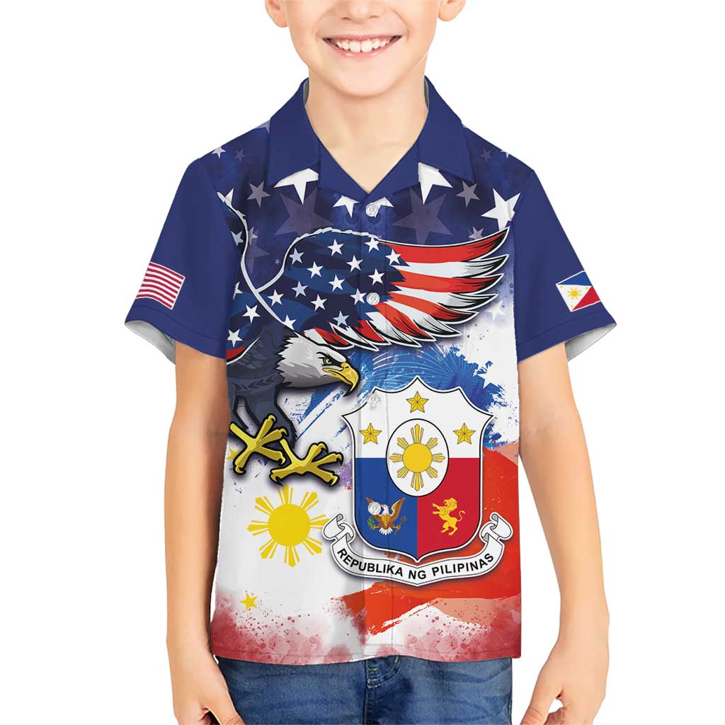 Filipino American History Month Kid Hawaiian Shirt USA Eagle and Philippines Coat of Arms Symbol with National Flag - Wonder Print Shop