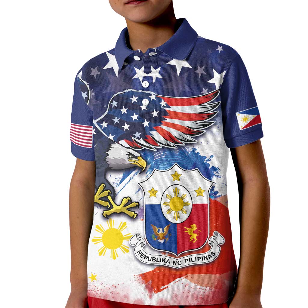 Filipino American History Month Kid Polo Shirt USA Eagle and Philippines Coat of Arms Symbol with National Flag - Wonder Print Shop