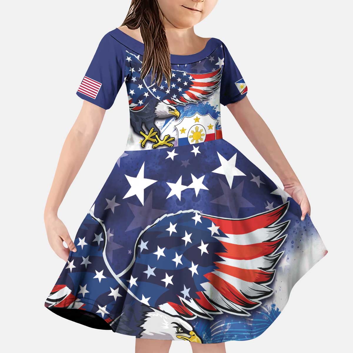 Filipino American History Month Kid Short Sleeve Dress USA Eagle and Philippines Coat of Arms Symbol with National Flag - Wonder Print Shop