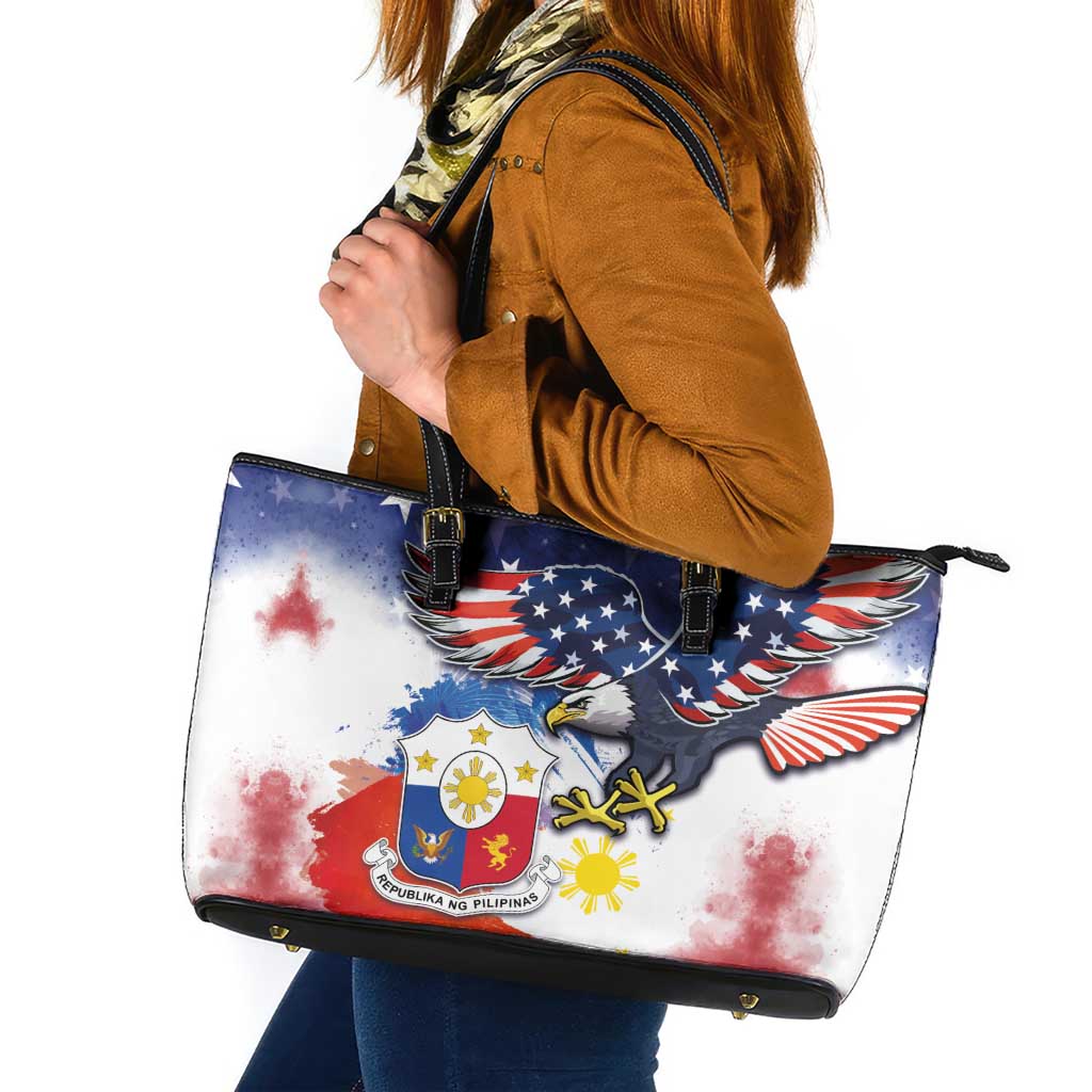 Filipino American History Month Leather Tote Bag USA Eagle and Philippines Coat of Arms Symbol with National Flag - Wonder Print Shop