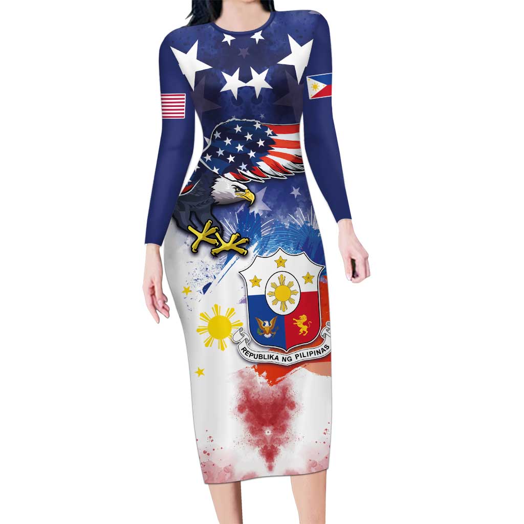 Filipino American History Month Long Sleeve Bodycon Dress USA Eagle and Philippines Coat of Arms Symbol with National Flag - Wonder Print Shop